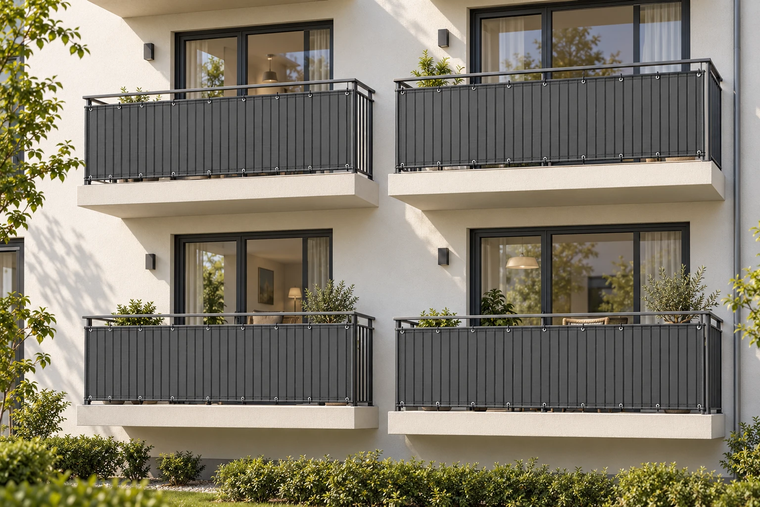 4 Balkone mit Anthrazit-Lamellen – KI-generiertes Gestaltungsbeispiel