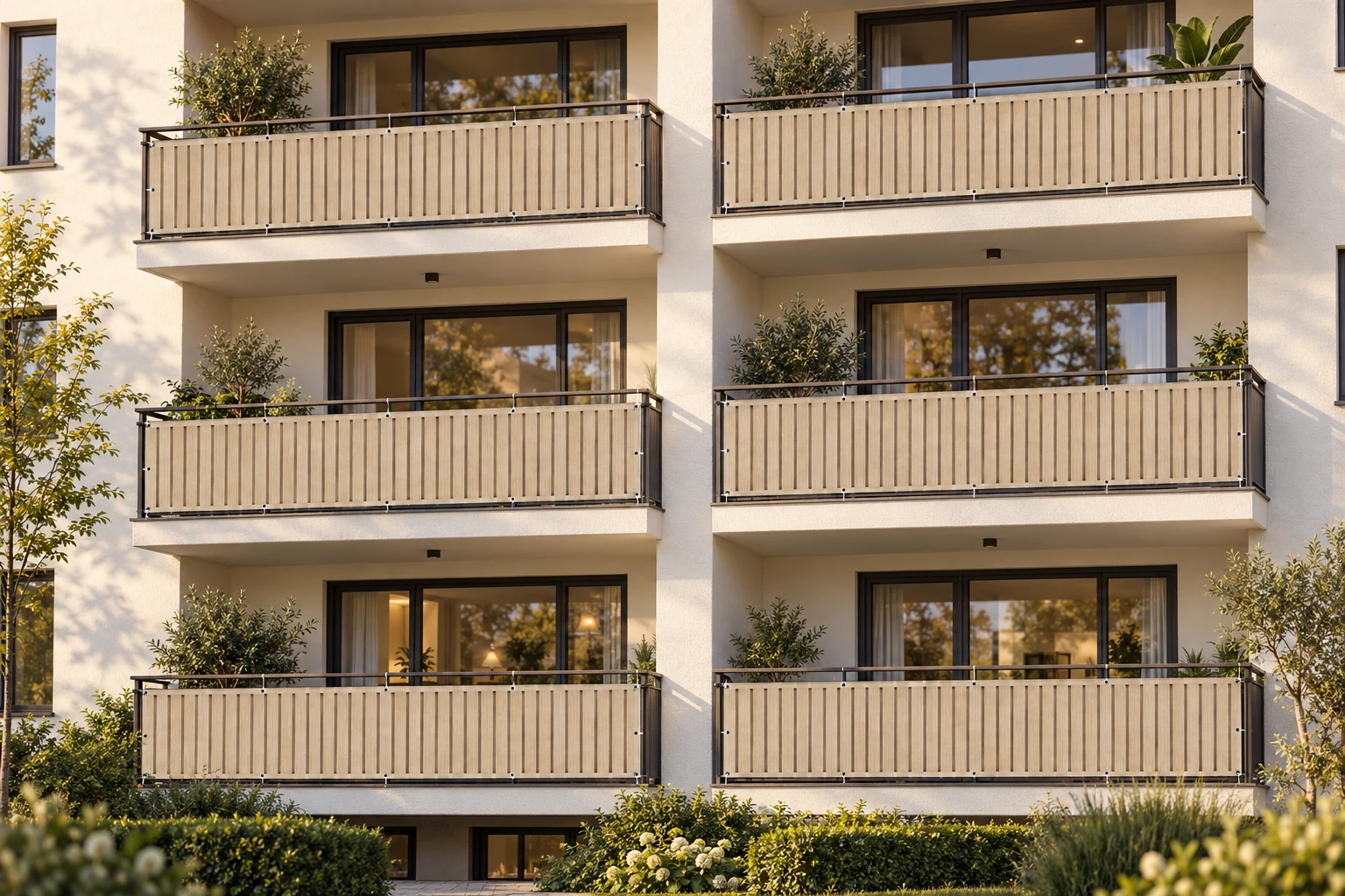 6 Balkone mit Japandi Sand – KI-generiertes Gestaltungsbeispiel