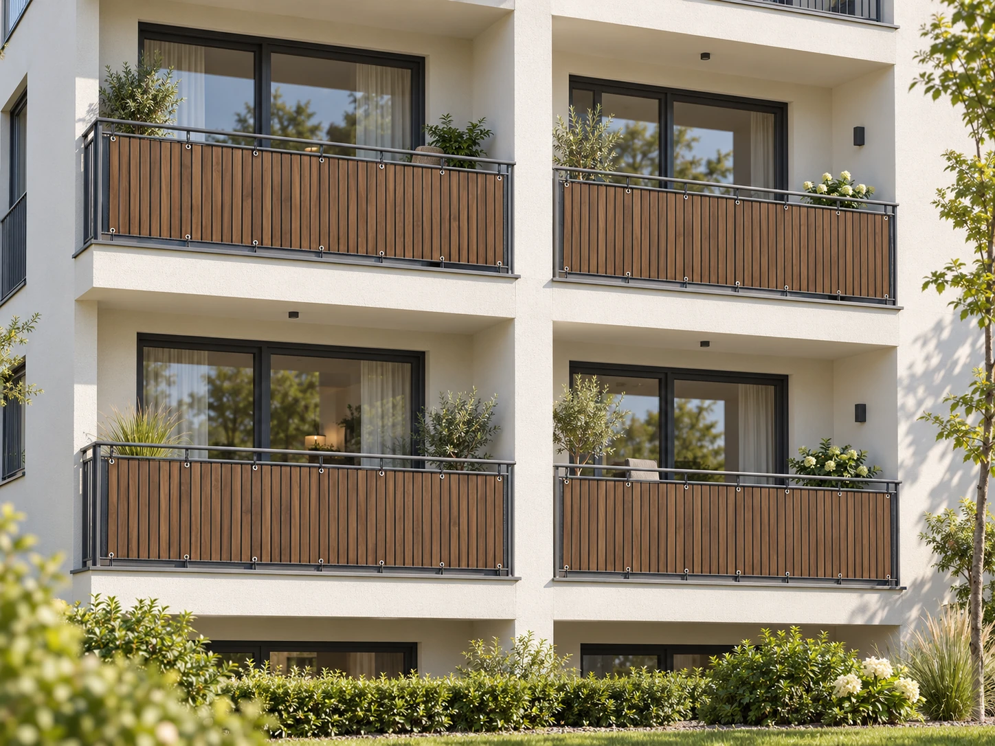 4 Balkone mit Nussbaum-Lamellen – KI-generiertes Gestaltungsbeispiel