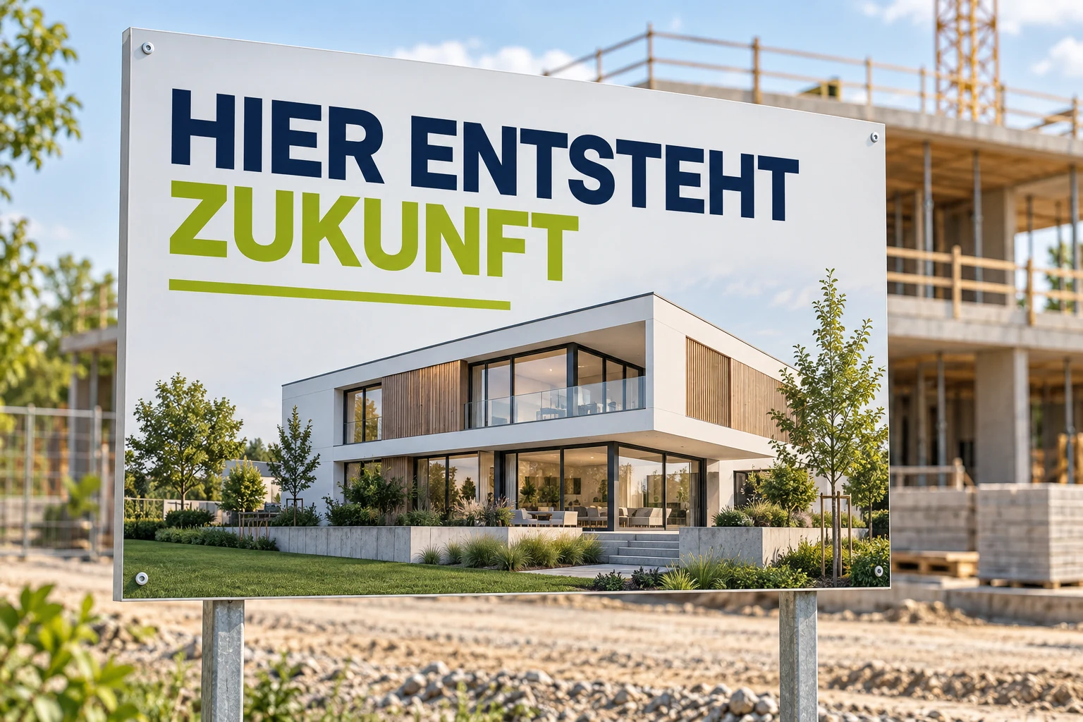 Feste Bauprojekttafel mit sichtbarer Plattenkante auf zwei Pfosten vor einer Baustelle – KI-generiertes Gestaltungsbeispiel