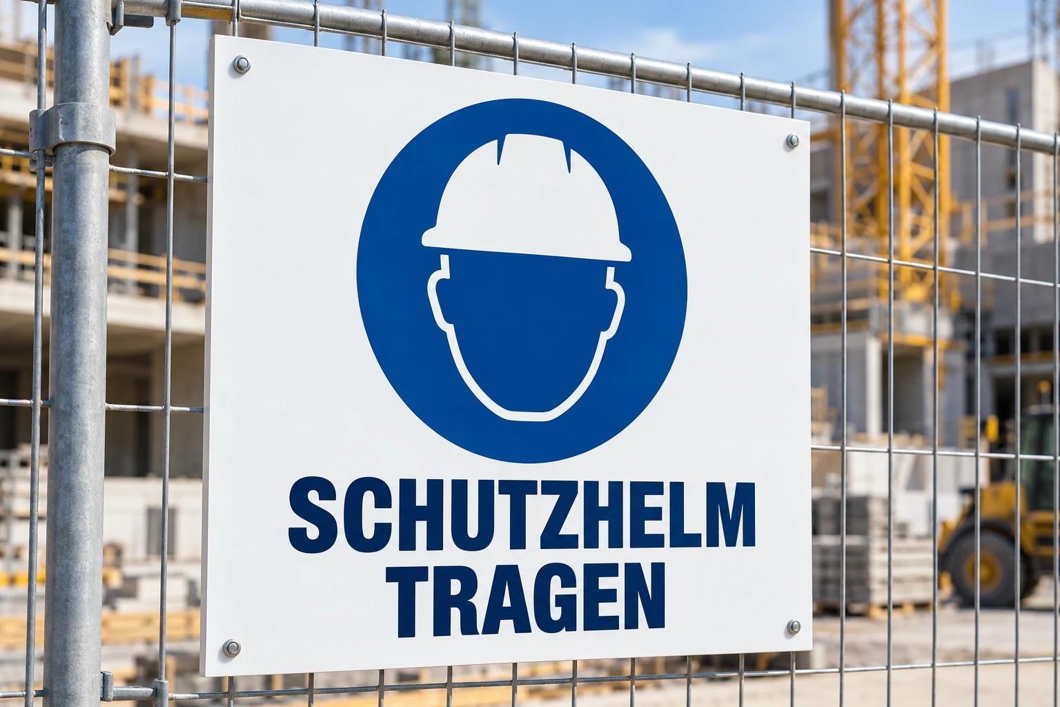 Feste Hinweistafel mit blauem Helm-Piktogramm und der Aufschrift Schutzhelm tragen – KI-generiertes Gestaltungsbeispiel