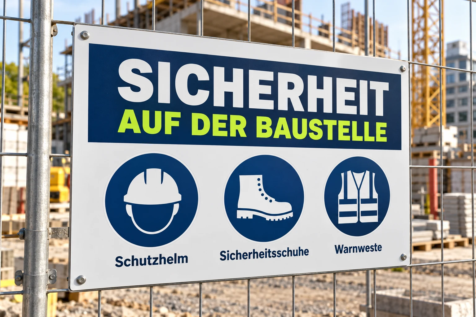 Feste Sicherheitstafel am Bauzaun mit Helm-, Schuh- und Warnwesten-Piktogrammen – KI-generiertes Gestaltungsbeispiel