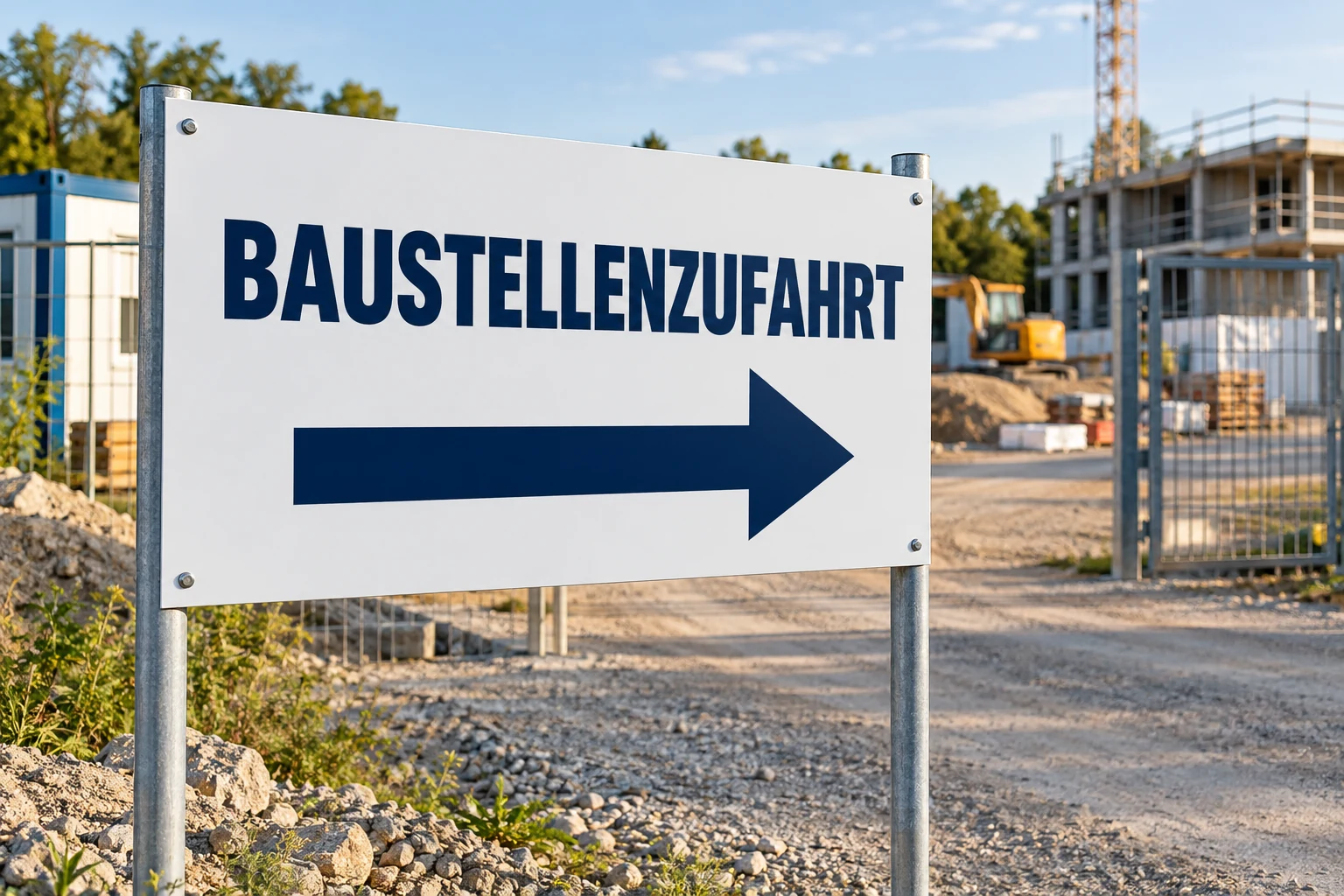 Festes Baustellenzufahrt-Schild auf zwei Pfosten mit einem Pfeil nach rechts – KI-generiertes Gestaltungsbeispiel