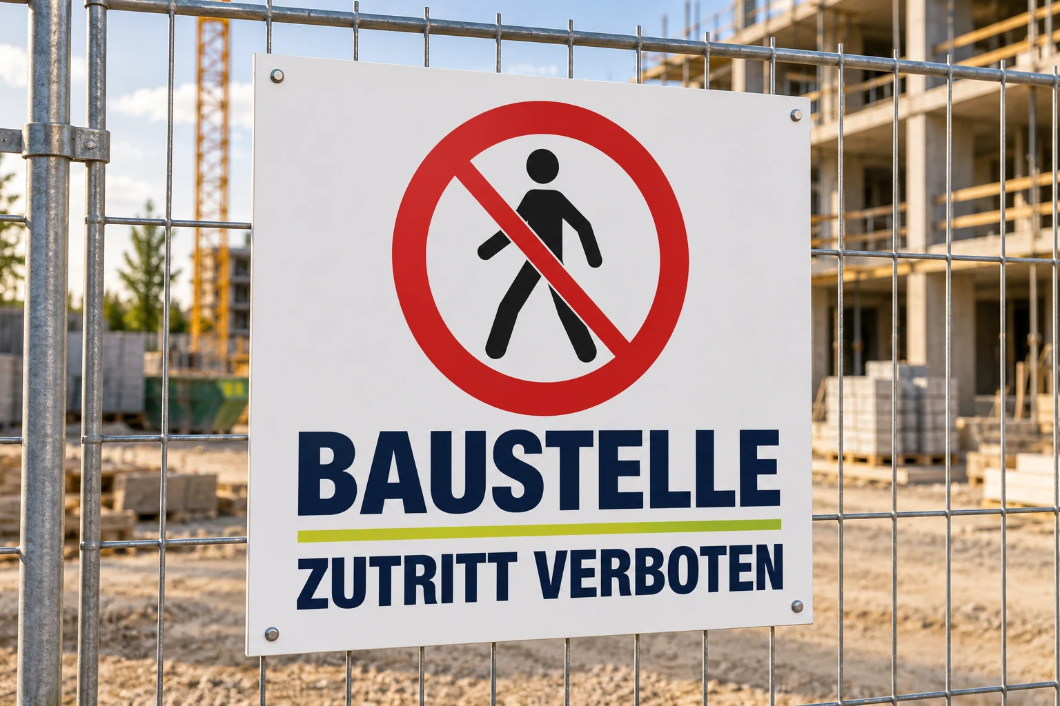 Starres Schild am Bauzaun mit der Aufschrift Baustelle – Zutritt verboten – KI-generiertes Gestaltungsbeispiel